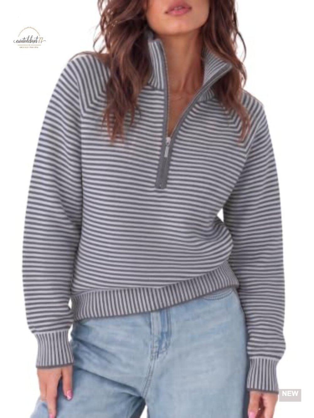 Womens Quarter Zip Oversized Knit Pullover Sweater Striped Stand Collar